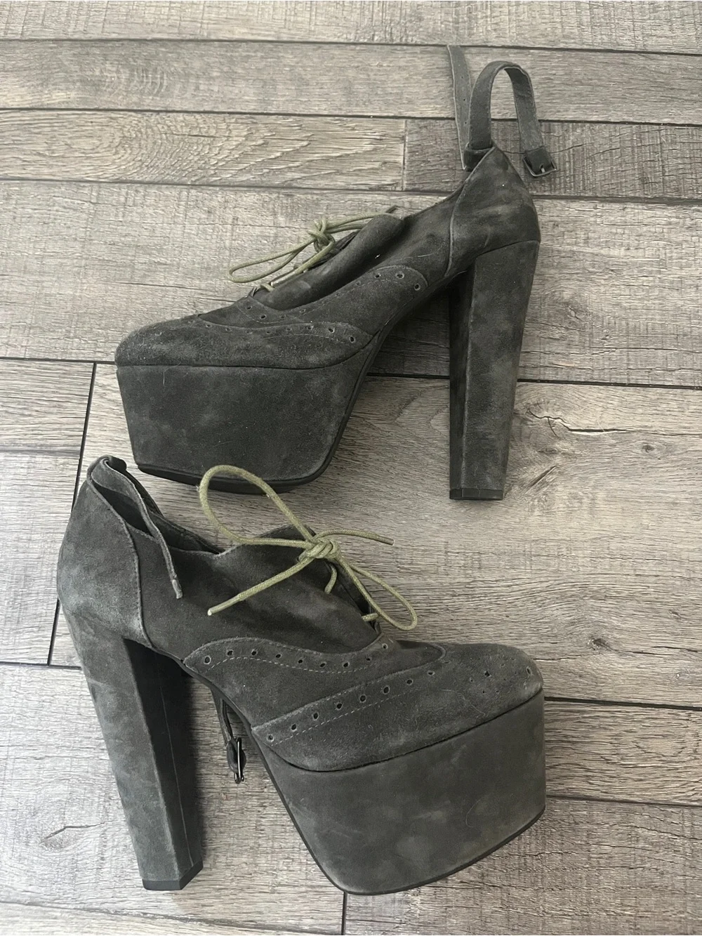 Farylrobin Charcoal Gray Suede Platform Lace-Up Heels